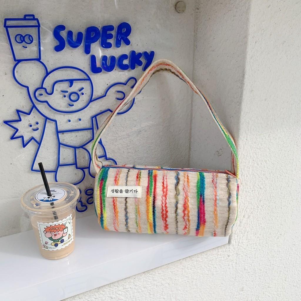 Trendy Street Style Canvas Tote Bag Colorful Stripes Medium Shoulder Bag