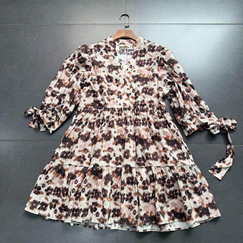 

Foreign Trade Order Entr0 Retro Distressed Style Dark Color Print A Word Swing Loose Version Cotton Dress Retro Brown Print L