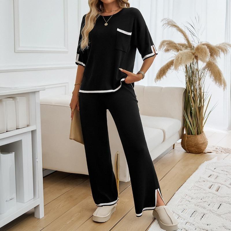 Women's Autumn and Winter Temperament Communicator Collision Short Sleeve Long Pants Sweater Set