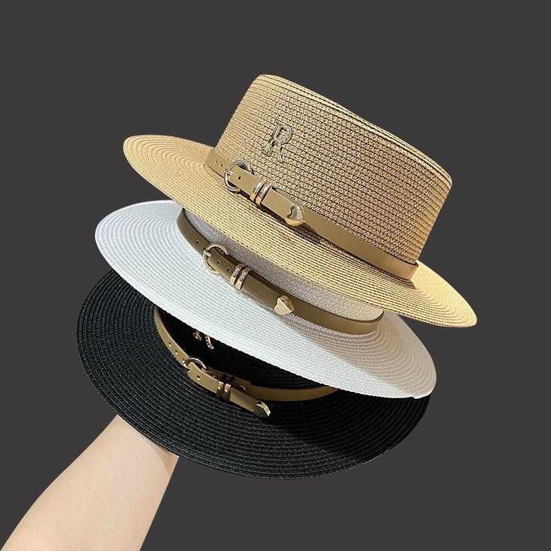 Straw Hat Women's Summer Vacation Seaside Rhinestone Letter R Belt Personalized British Retro Flat-top Sunshade Hat