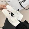 Fashion SUOJIALUN 2025 Summer Narrow Band Women Slipper Fashion Square Toe Slip On Sandal Shoes Thin High Heel Dress Sandal Shoes Slides