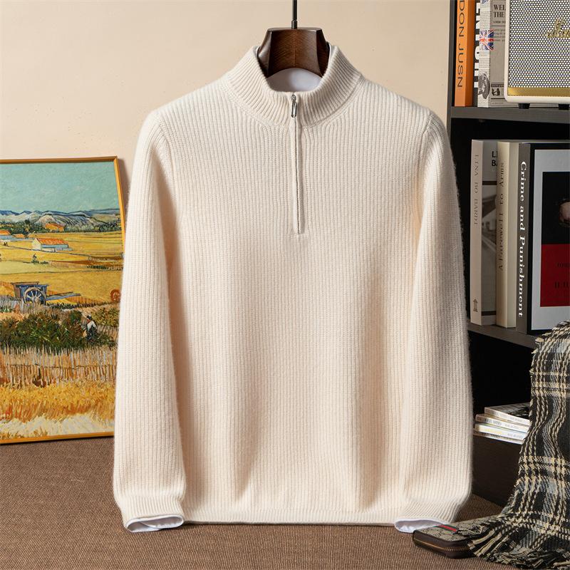 Cashmere sweater men's semi-turtleneck sweater double-strand thickened ingot needle loose semi-zipper