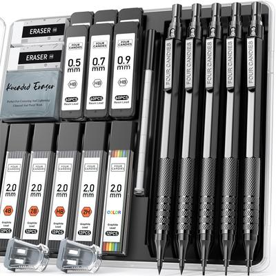 Four Candies Matita Meccanica in Metallo 1 ciascuno di e più 2 Mine da 2 mm e 420 Mine per Confezione Perfetta per e Schizzi Set Nero 0,5 mm, 0,7 mm, 0,9 mm,