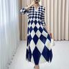 Women's Print Dress Spring Summer Diamond Print High-end Pleated Dress V-neck Long Dress