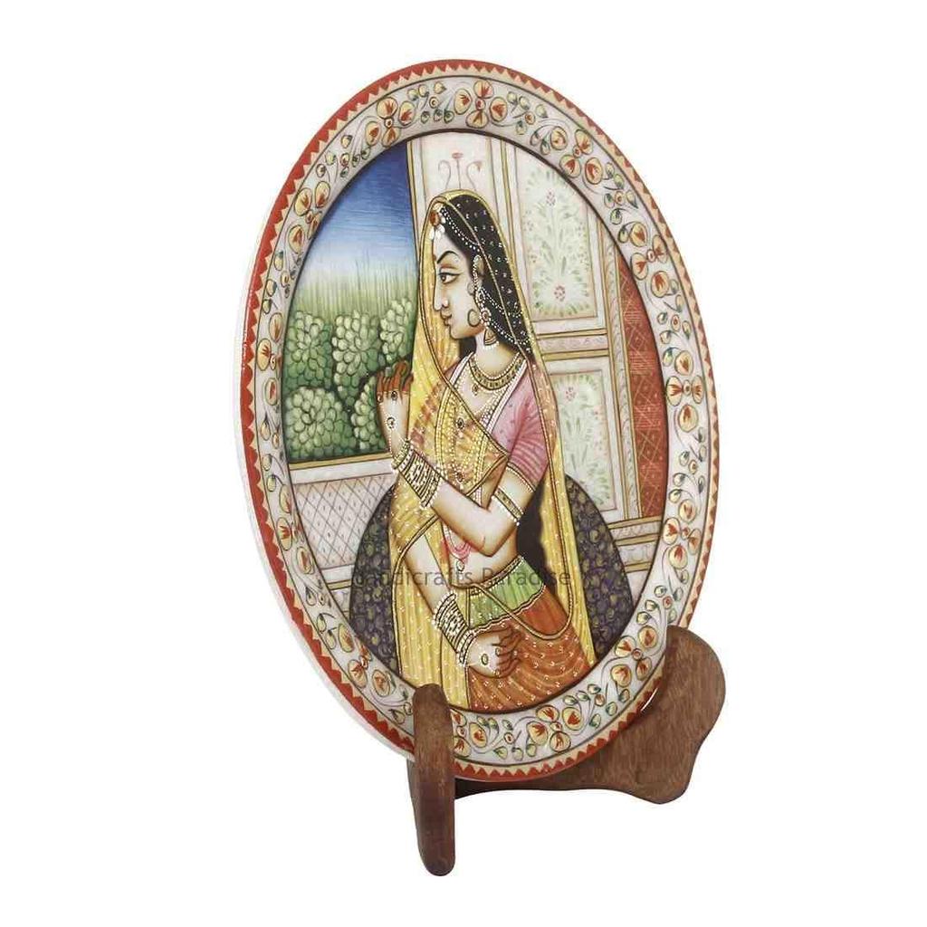 Paradise Lady Figure Painted Round Shape Marble Showpiece Plate with Stand (22.95 cm x 1.3 cm x 22.95 cm)