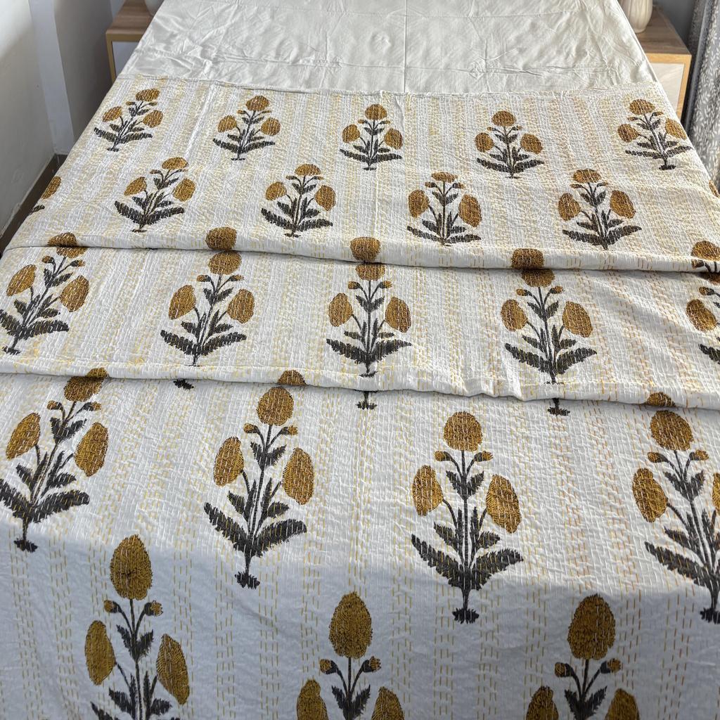 Hand Block Floral Printed Kantha Quilt, Cotton Kantha Bedspread, Vintage Bedding Bedsheets, Handmade kantha throw