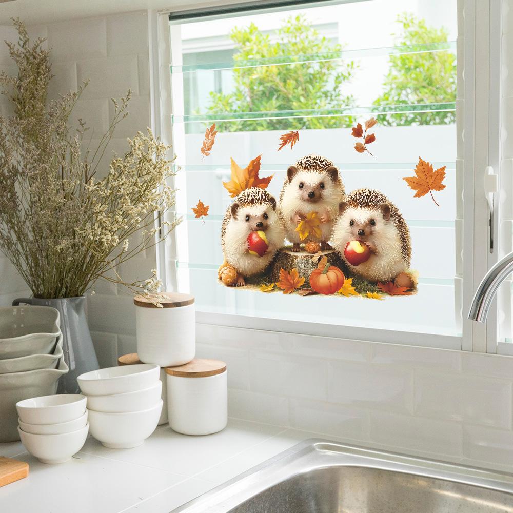 Cute Hedgehog Eating Apples, Autumn Fallen Leaves, Home Glass Window Decoration Stickers