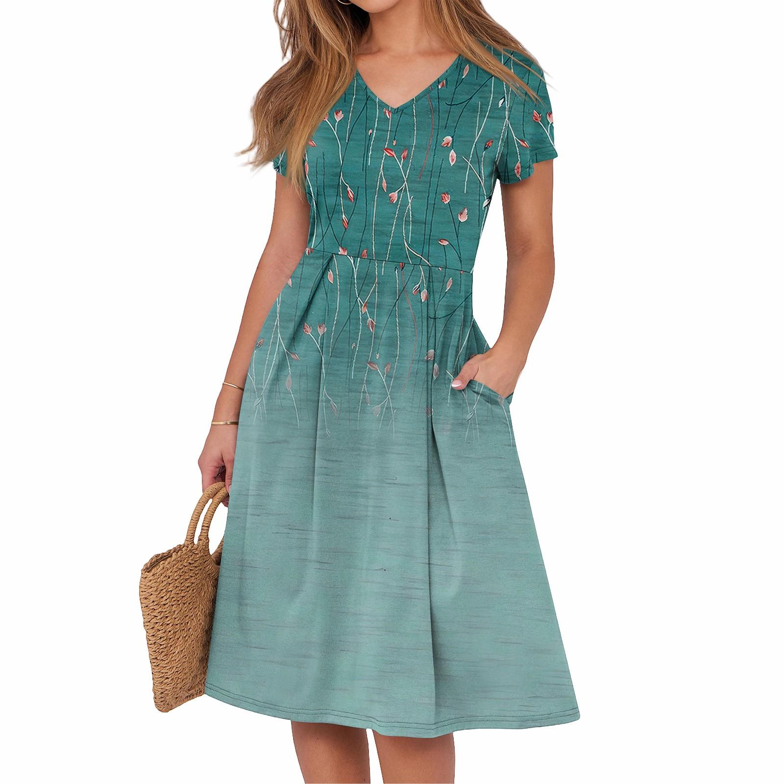 

Женское летнее повседневное платье с принтом, V-образным вырезом, короткими рукавами и карманами XL