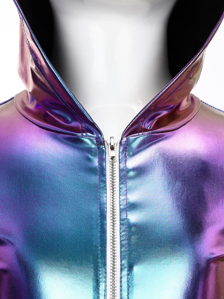 Mädchen Alien Halloween Kostüm Metallischer Glanz Kapuze Langarm Reißverschluss Vorne Jumpsuit Kostümparty Outfit