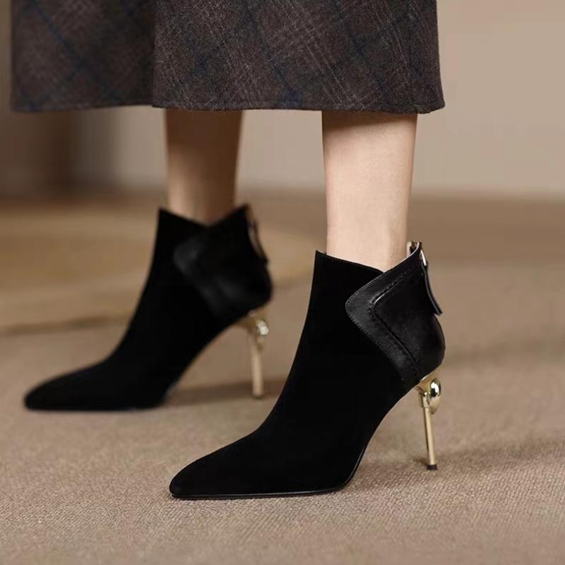 Fashion 2024 Autumn Women Ankle Boots Elegant Brown Suede Short Botas Mixed Leather Iron Thin High Heels Black Botines Femininos Zapatos