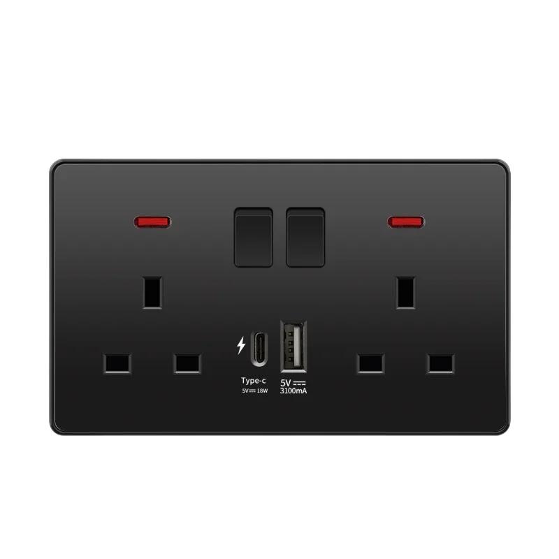 18W Type-C Plug Quick Charging Uk 13A Usb Wall Socket,Electrical Outlet with 3.1A USB C,Universal Dual 5-pin Power Socket Panel