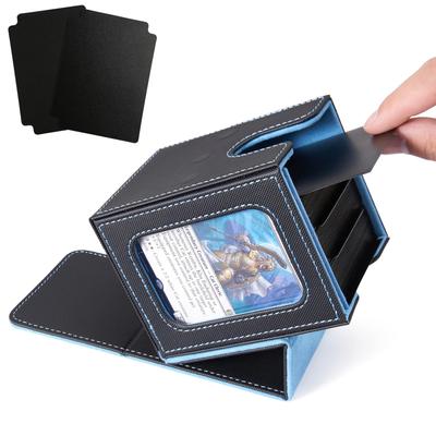 Venssu Deck Trading Card Card Display 100 Compatible with Double and Triple Vertical 2 Dividers and 1 Top Leather Blue with Black Case, Case, Window,