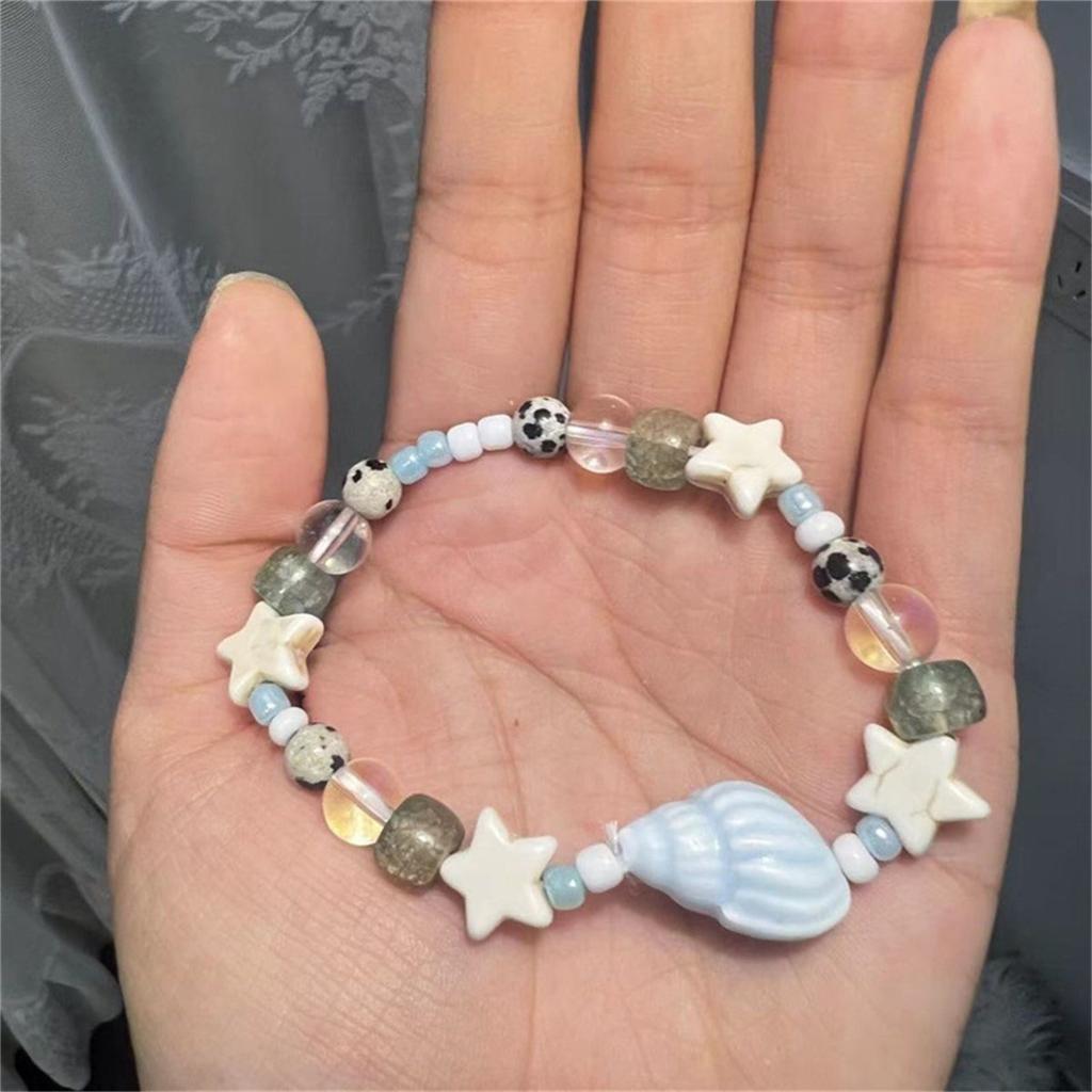 Vintage Sea  Bracelet Green Conch Bracelet Glass Bead Hand Chain Celestial Star Bangle Ocean  Hand Chain Elastic Beaded Bangle Jewelry for Women