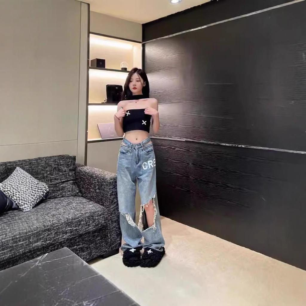 Women's High Waist Washable Ripped Jeans - Slimming, Loose Fit, Floor-Length Wide-Leg Pants