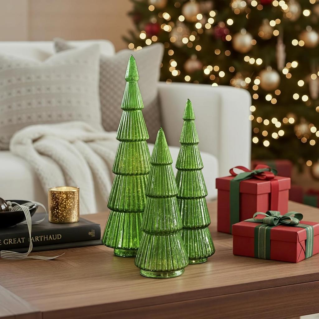 3pcs Green Glass Christmas Tree Figurines, Crystal Finish Tabletop Ornaments for Home Decor