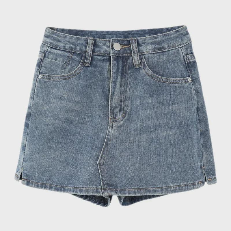 2025 Plus Size Spicy Retro A-line Denim Mini Skirt - High Waist Summer Skirt Pants for Women