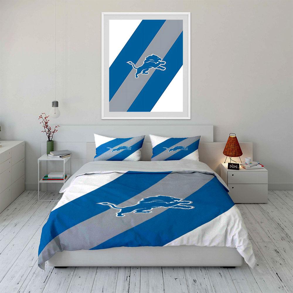 Blue and Gray Striped Lion Design Print Bedding Set Duvet Cover Pillowcases (1* Duvet Cover 2* Pillowcases Do Not Include Comforter)