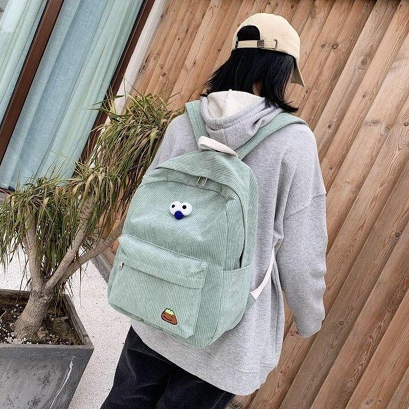 Schoolbagins Wind Corduroy Backpack Cute Eyes Cartoon School Bag Japanese Vintage Middle School Student Casual Backpack