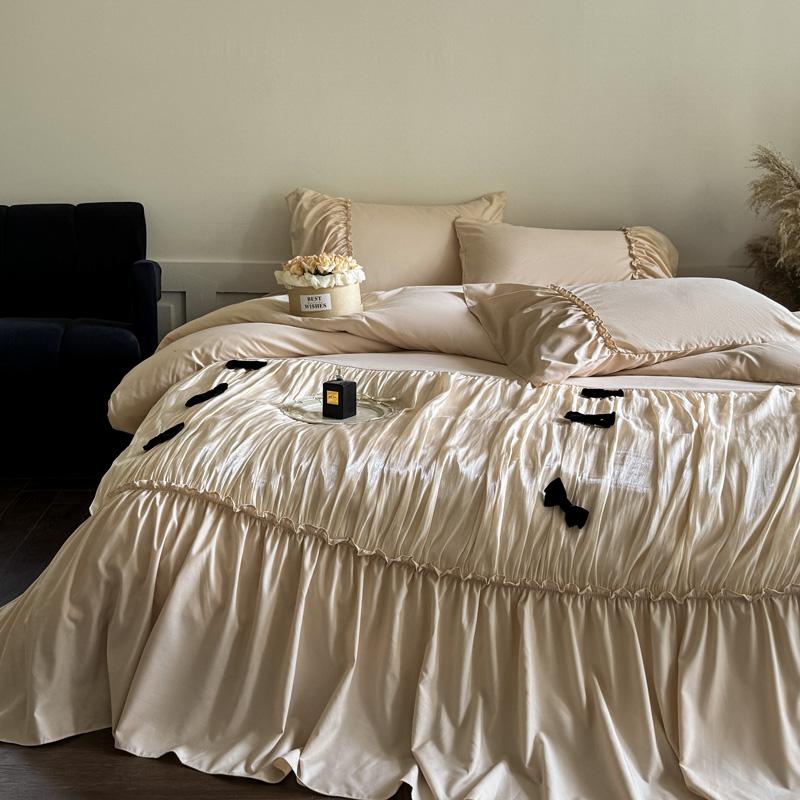 Vintage French Large Ruffles Black Bow Princess Bedding Set Duvet Cover Set Flat/Fitted Bed Sheet Pillowcases Pillowcases 4Pcs