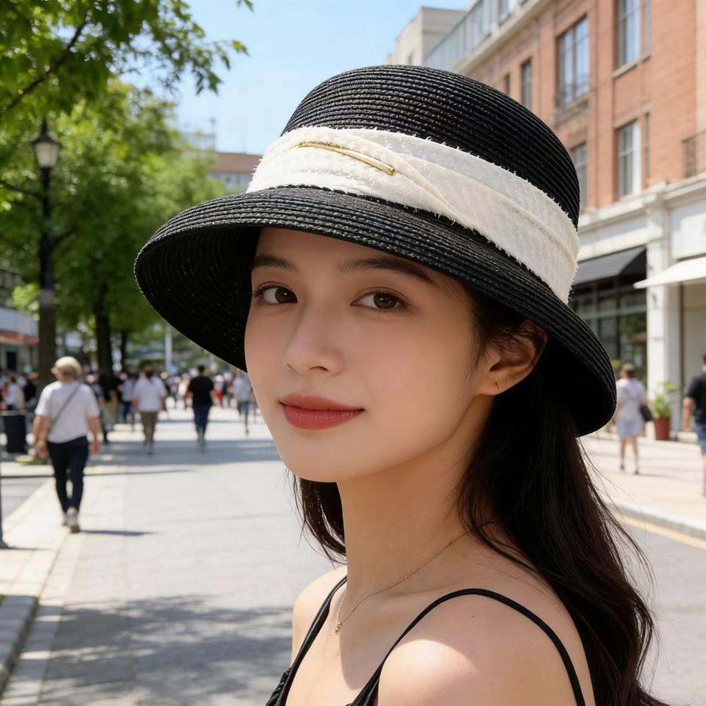 New Woven Straw Hat Women's Summer Sunshade Basin Hat Sunscreen Big Brim Top Hat Lace Decorative Beach Hat