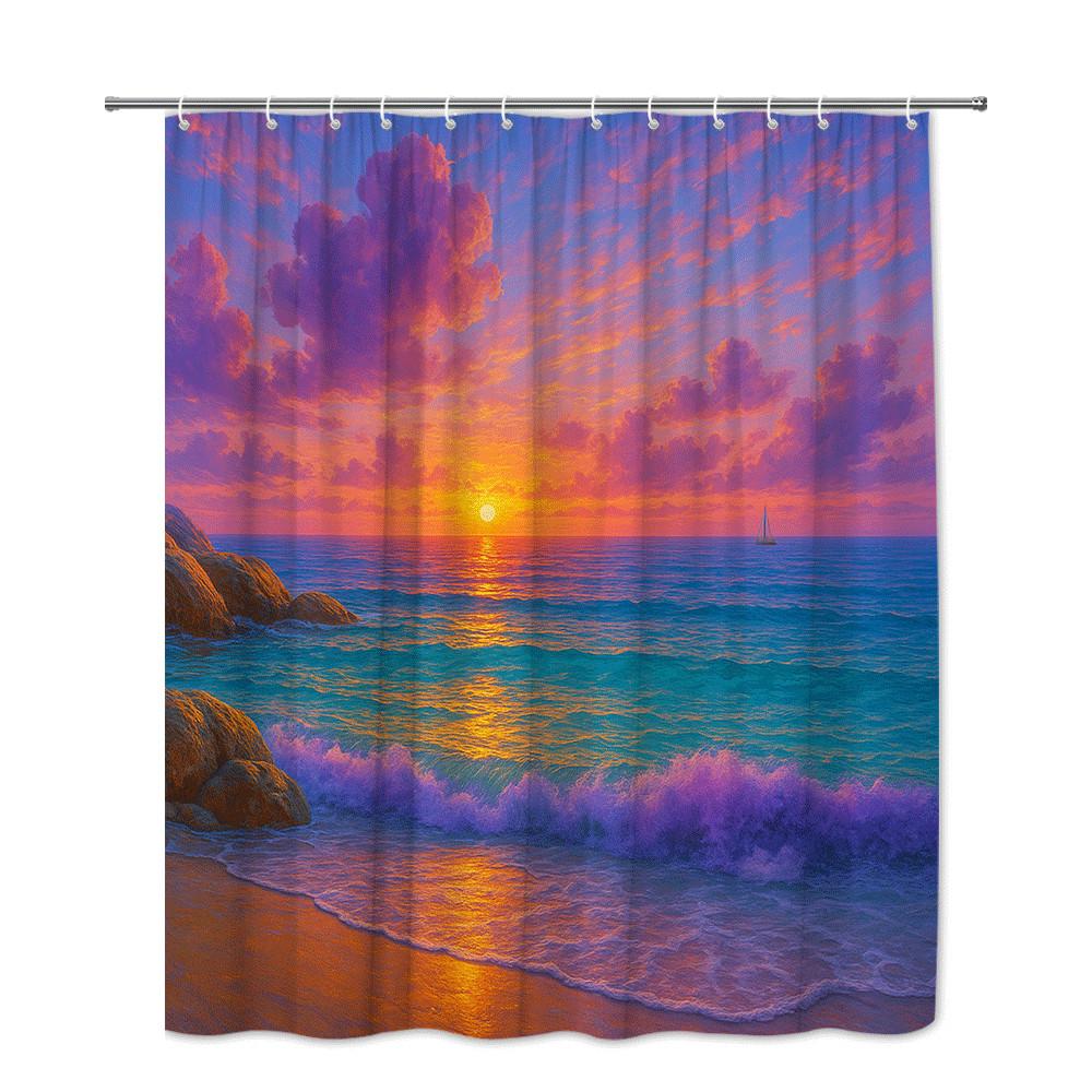 Ocean Sunset Shower Curtain Purple Sky Golden Waves &Sailboat Romantic Beach Scene Bathroom Decor Waterproof Simple Installation