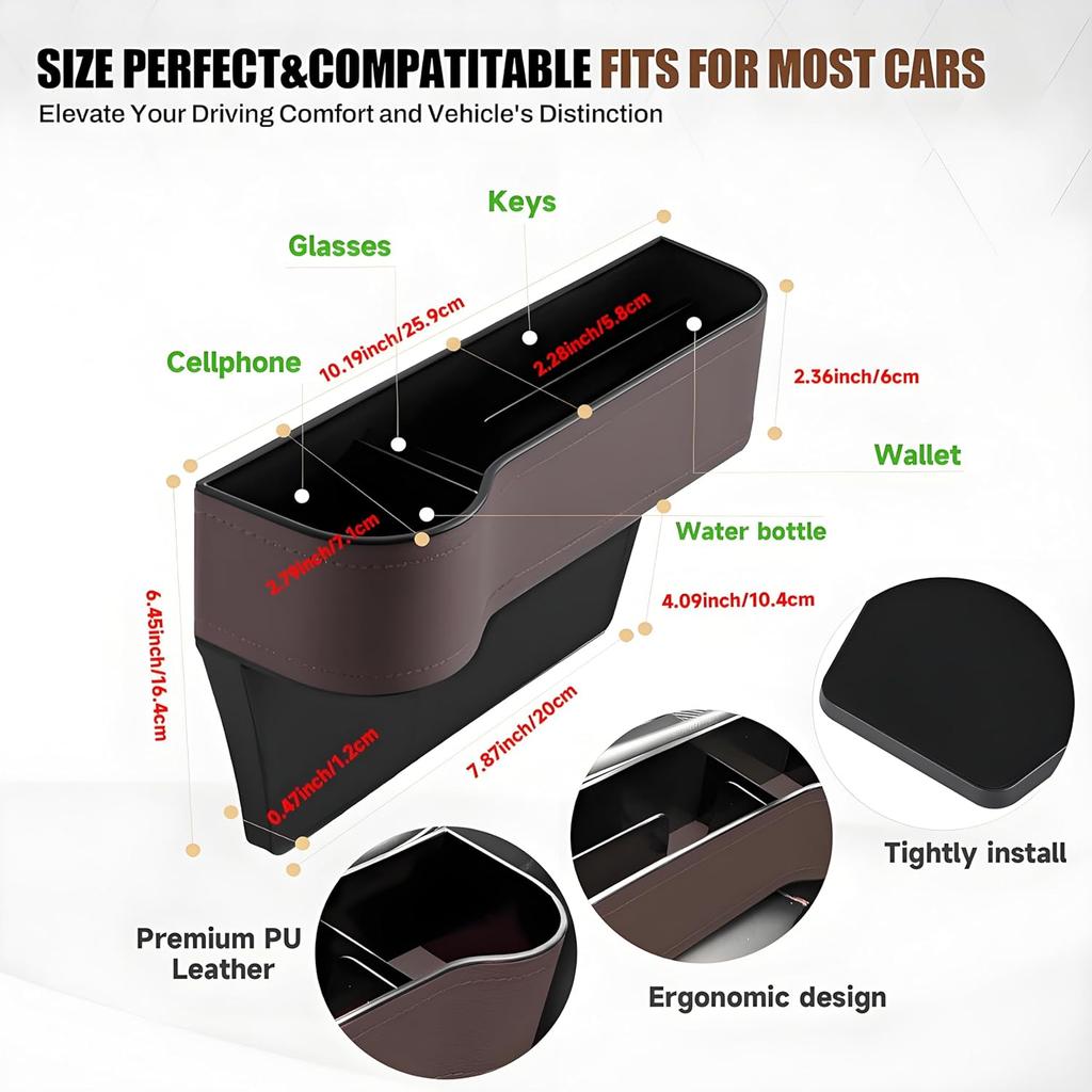 2026 Upgraded 2 PC (L+R) Premium PU Leather Car Seat Gap Filler Organizer With Cup Holder & Storage Slot/Bag– Fits Front Seat, Holds Phone,