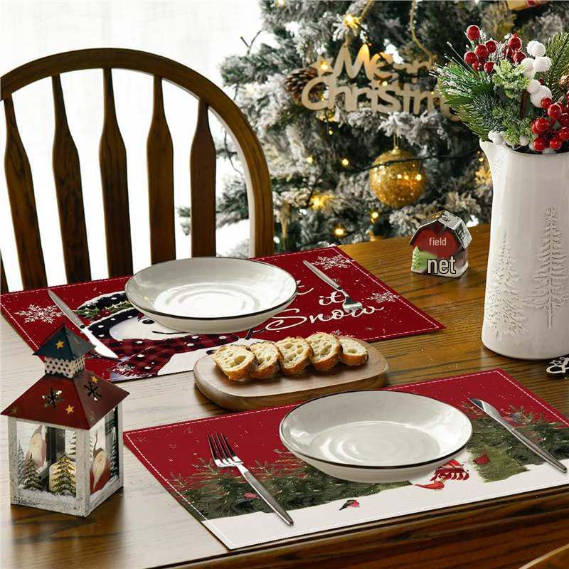 Christmas Snowman Snowflake Plaid Table Mats - Festive Insulated Linen Tablecloth for Party Decoration