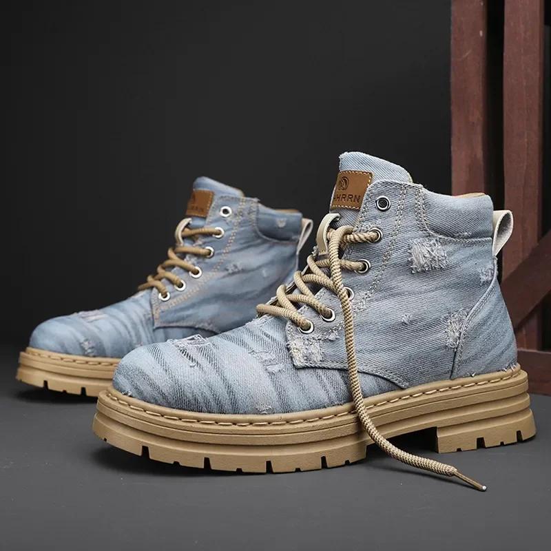 Shoes for Men Outdoor Male Booties Denim Boots Motorcycle Ankle Boots Fashionable Casual Retro British Style Work Boots  New