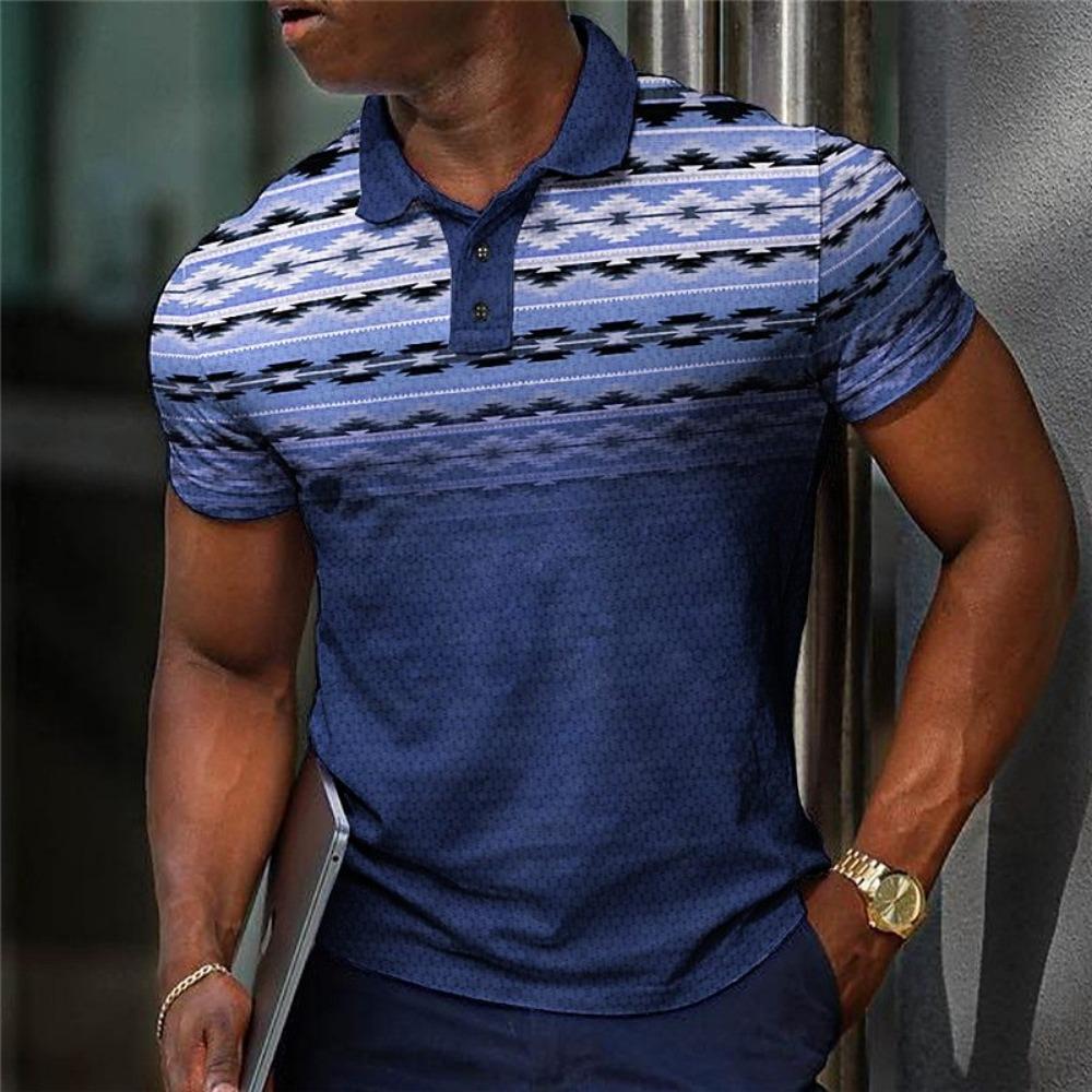Geometric Color Blocking Pattern 3D Digital Printing Men's Casual Polo Shirt