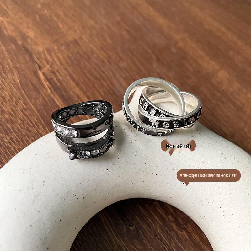 Lan Zhi Gunmetal Planet Three-Ring Enamel Drip Oil Saturn Letter Ring - Women's Luxe 925 Silver.