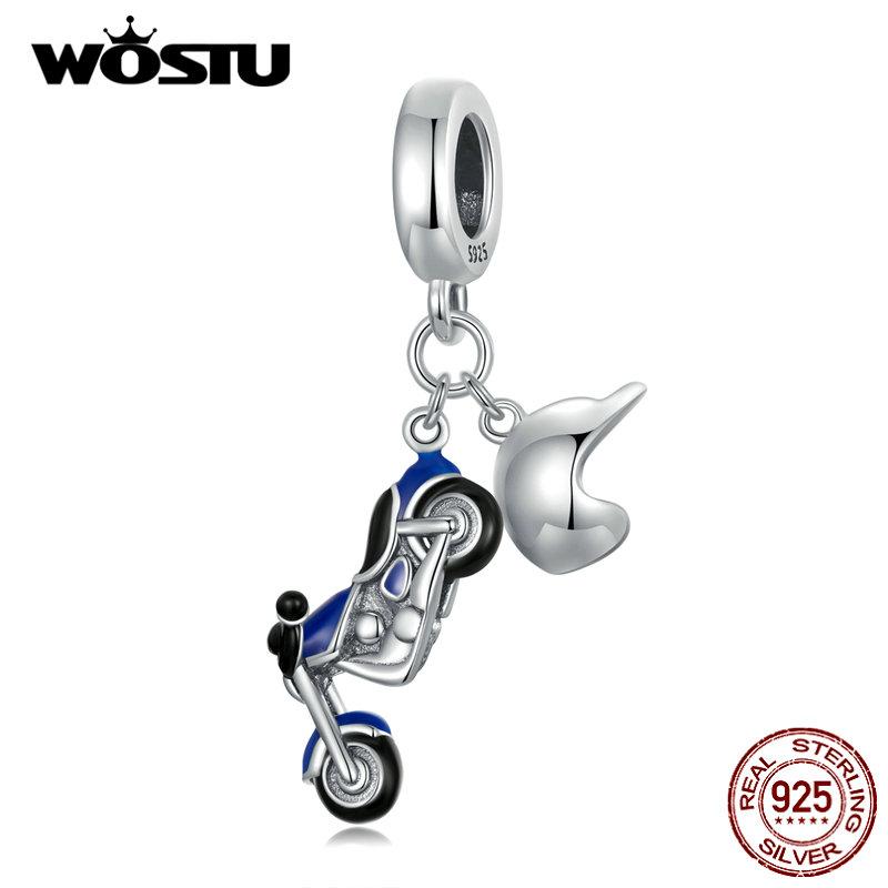 WOSTU Autentisk 925 Sterling sølv blå kald emalje motorsykkel sjarm anheng for kvinner fine smykker
