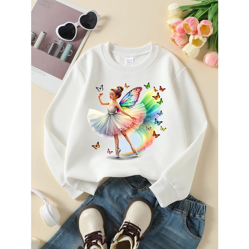 Girls' Crew Neck Sweatshirt Ballerina with Butterflies Rainbow Wings, Soft Cozy Pullover, Warm Casual Outfit for Autumn And Winter