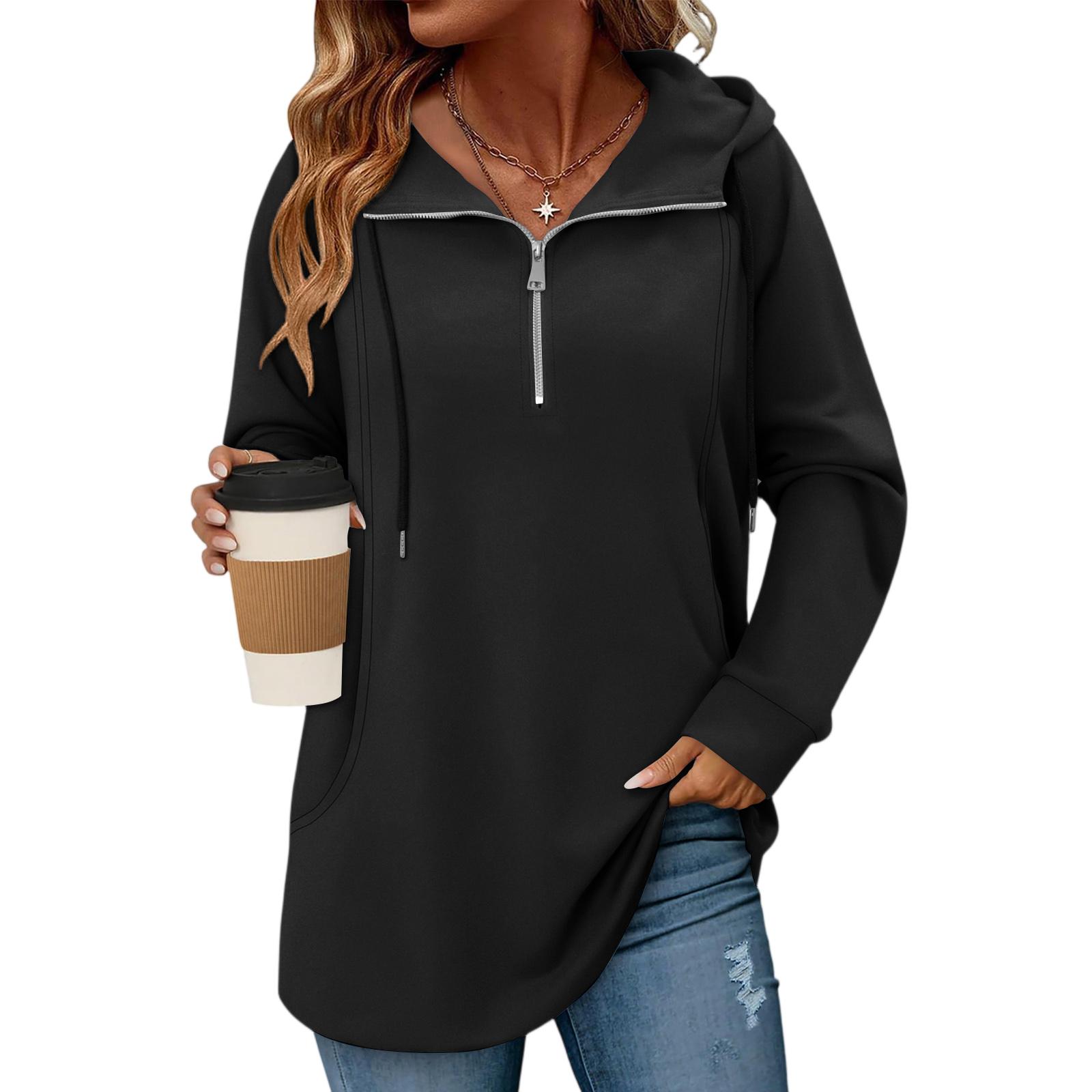 

Женский однотонный пуловер с молнией, кулиской и карманом L чёрный