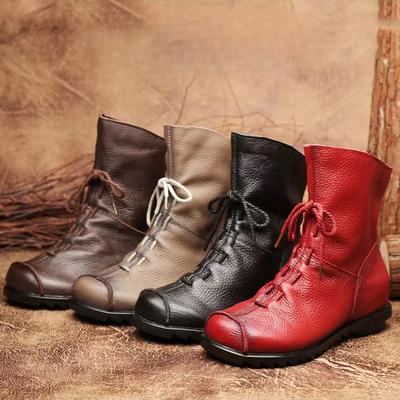 Genuine Leather Plush Women's Short Boots Retro Casual Autumn Winter Women's Boots Waterproof Leather Warm Snow Boots