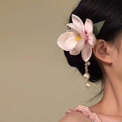 Presilha de Cabelo com Franja Pérola Magnólia Rosa Novo Estilo Chinês Sensação Gentil e de Alto Padrão Clip de Primavera Novo Presilha de Cabelo Faixa de Cabeça Versátil