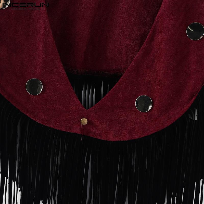 INCERUN Men Low Cut Neck Stitching Tassel Fashion Cropped Cloaks Tops