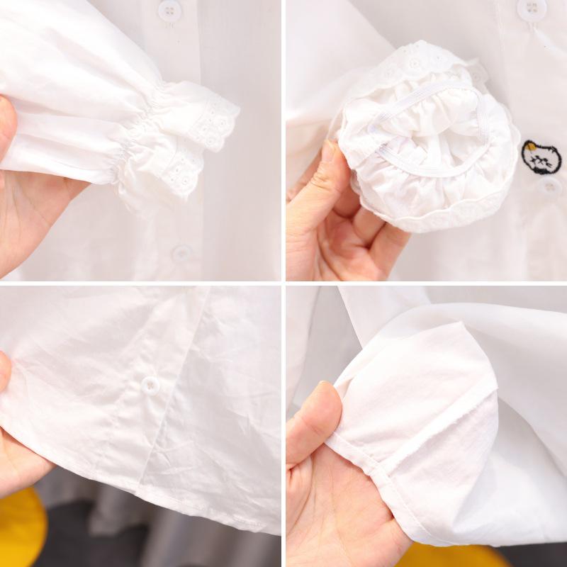 Girls' 100% Cotton White Long-Sleeved Shirt with Doll Collar - Spring/Autumn Style for Older Children
