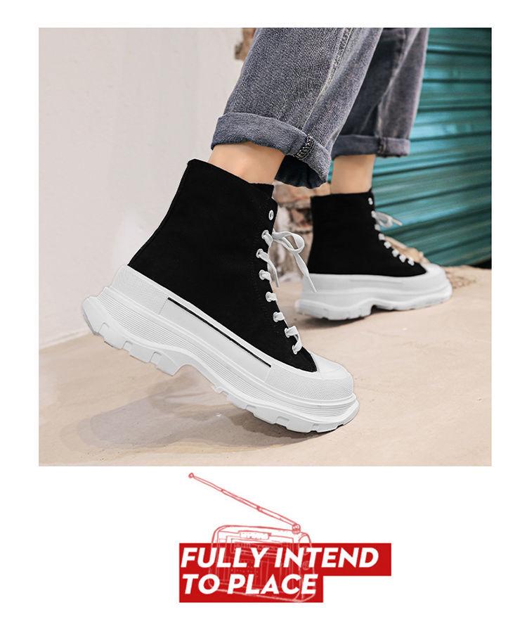 Versatile Men's Black Canvas High-Top Sneakers - Trendy, Thick-Soled, Height-Boosting Casual Sports Shoes for Spring and Autumn.