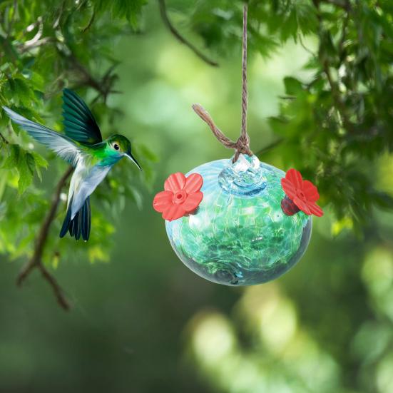 Stained Glass Hummingbird Feeder Droplet Shaped Hanging Birds Feeder Hummingbird Feeder with 2 Flower Feeding Ports for Outside Garden Courtyard