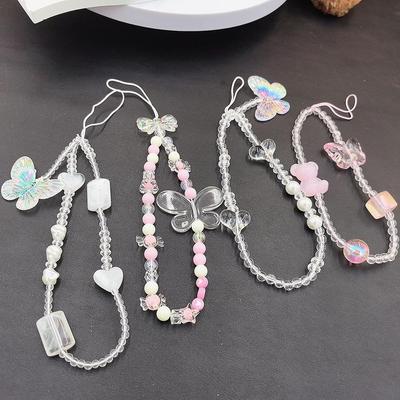 Xiao Xiangfeng Love Mobile Phone Chain: Butterfly Pendant Lanyard Case with Beaded Anti-fall Design, Luminous for Females