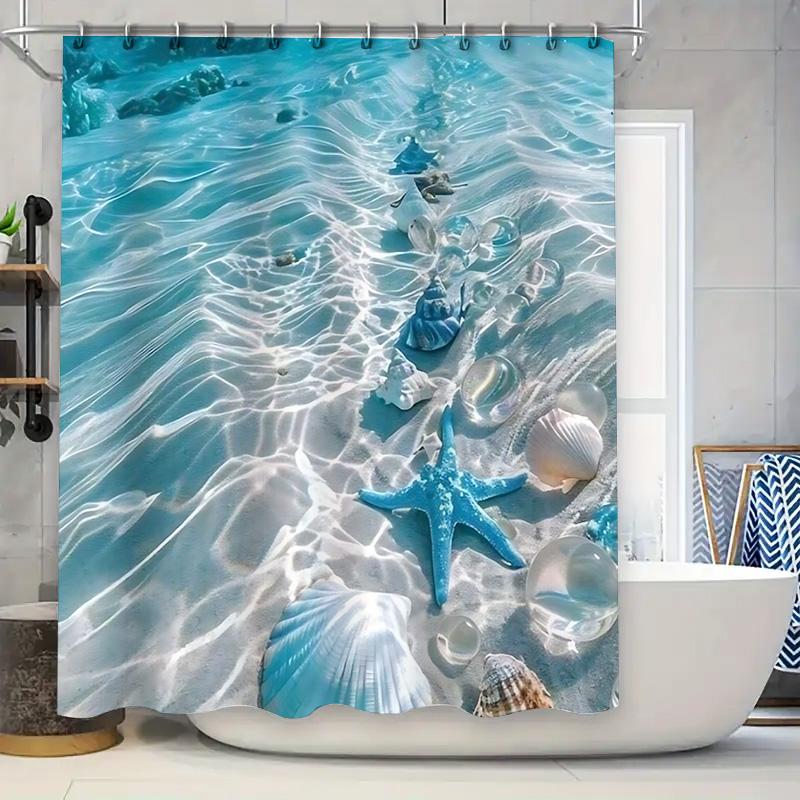 

Underwater Paradise Blue Shell Starfish Ocean Waves Shower Curtain For Bathroom Decor With Hooks Suitable For Wet&Dry Separation W60H190(CM)-1 Pcs