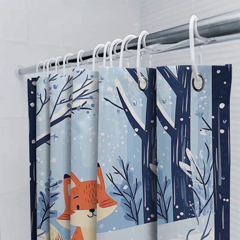 Charming Winter Fox Shower Curtain For Kids - Cute Animal Design Waterproof Bath Decor With Ring Waterproof Durable Easy-Clean