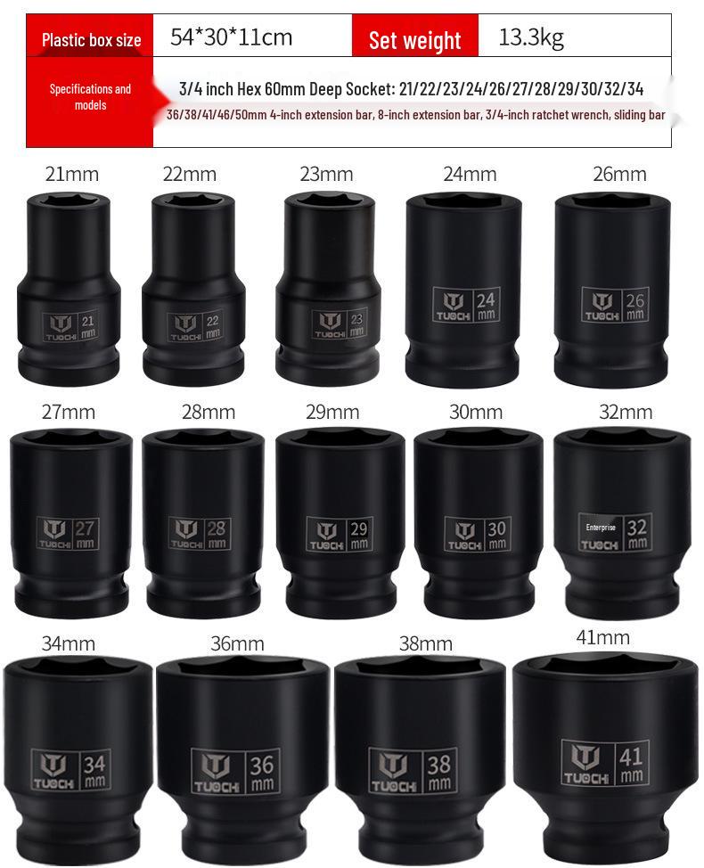 3/4" Heavy Duty 20-Piece Impact Socket Set - Hex12-Point Torx Wrench