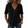 Women Casual Cotton Hooded Pullover Shirt Short Sleeve Drawstring V Neck Button Front Lightweight Blouse