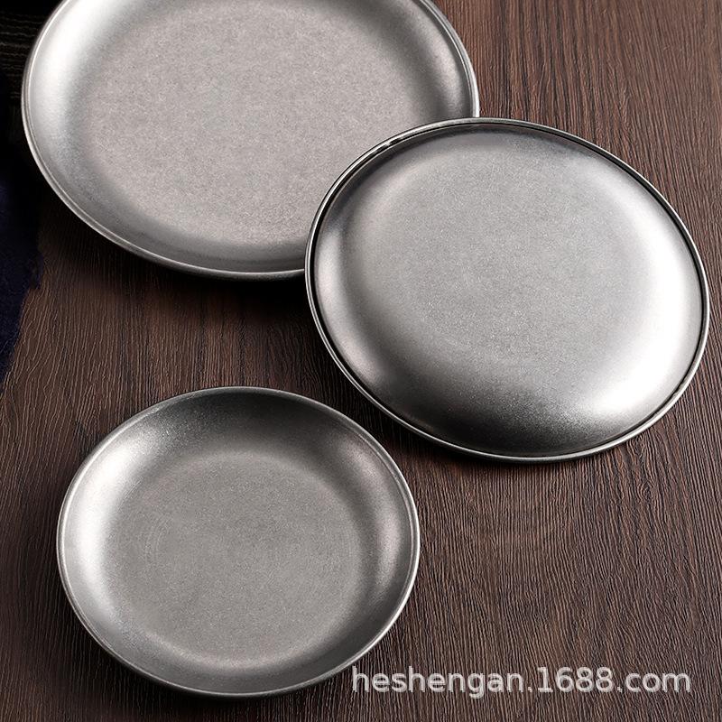 Korean version of stainless steel plate coffee shop tray flat bottom shallow plate barbecue plate bone plate retro tableware