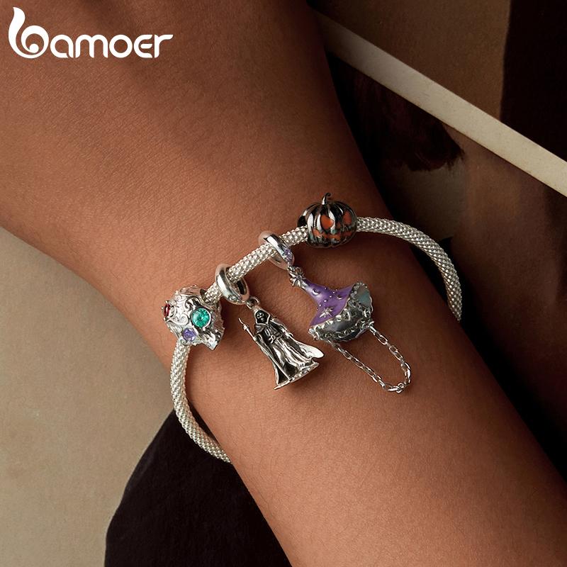 Bamoer Pevné stříbro 925 s čarodějnickým kloboukem/čertovským okem vejde originální náramek a náhrdelník Halloween šperky DIY bamoer kouzlo