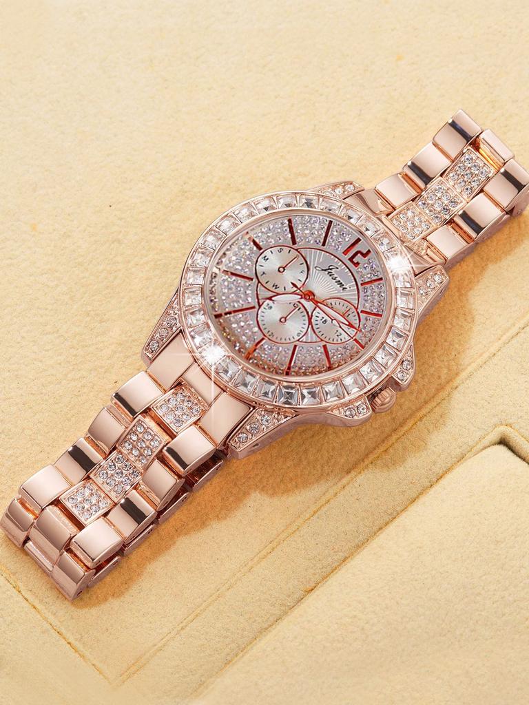 Luxury and fashionable diamond-encrusted alloy women's quartz watch set of 3, suitable for everyday wear, Thanksgiving and Chris