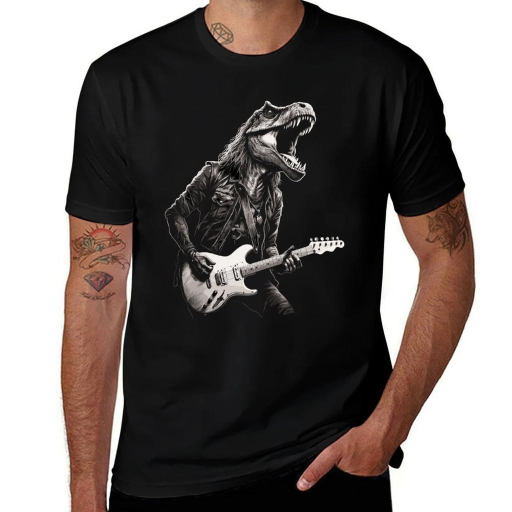 Rock & Roll Music Concert Festival Dinosaur T-rex Guitar T-Shirt cotton tshirt 100% t shirt for man 100 percent cotton T-Shirt