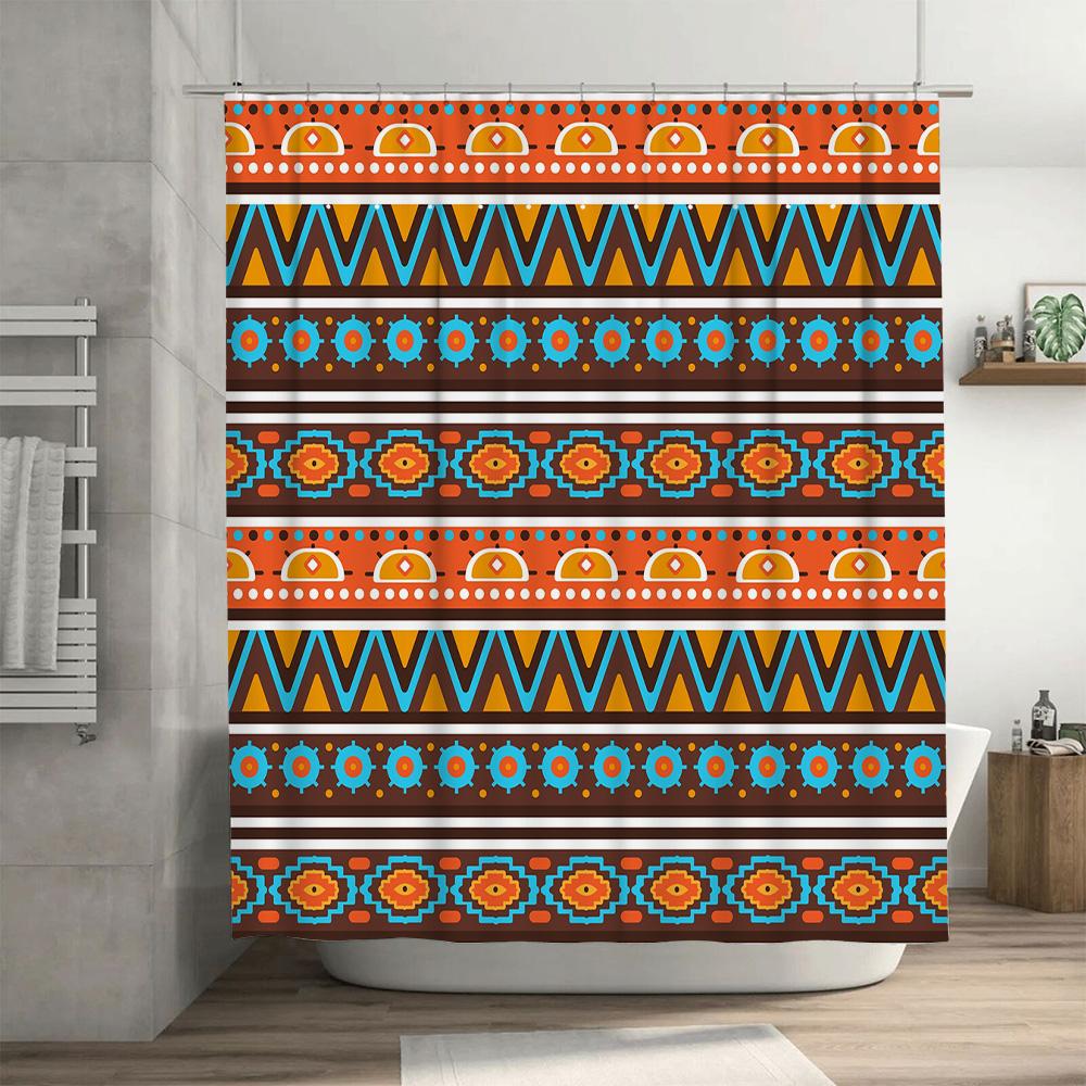 Bright Shower Curtain with Geometric PatternsModern Design for Bathroom Decorations Waterproof Fabric (Blue, Orange Brown)