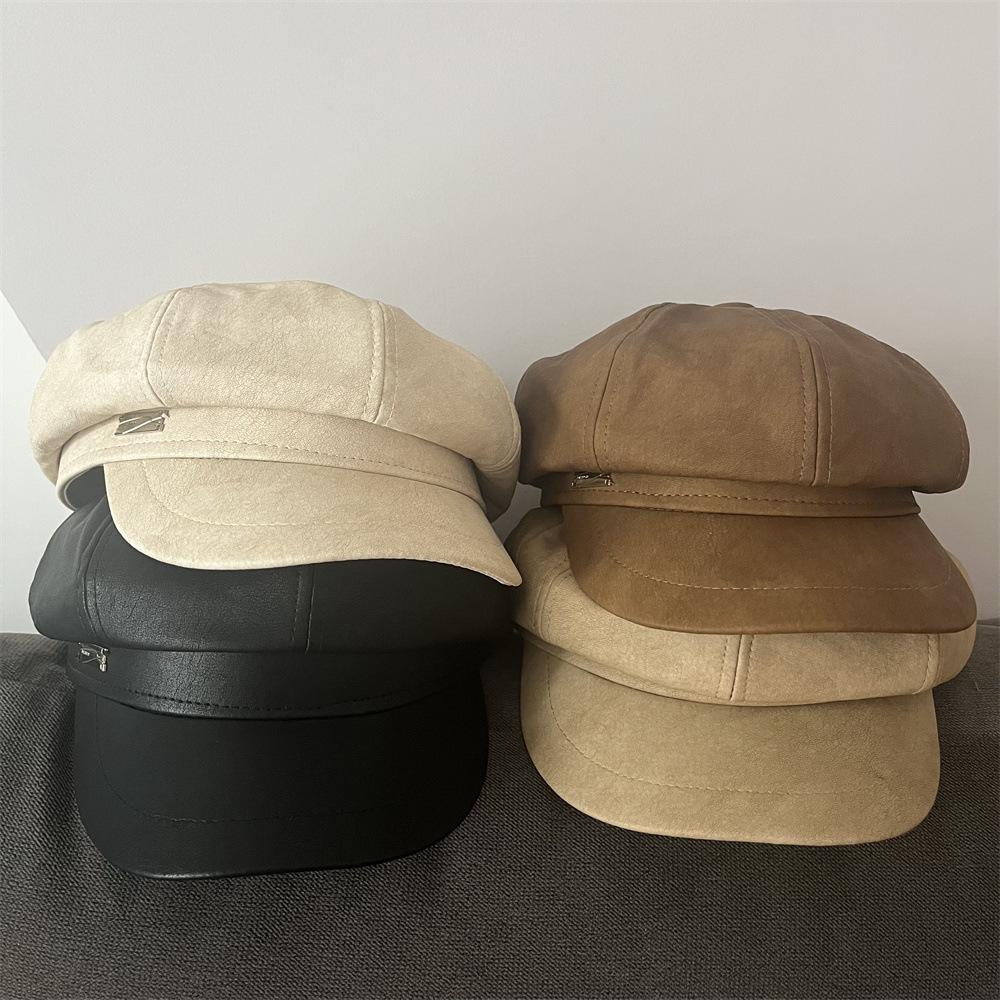 Hut Damen Herbst und Winter PU Leder Achteckhut Trendy Neu Vielseitige Malermütze Retro Mode Baskenmütze